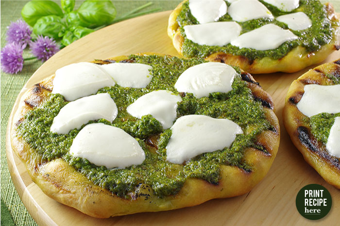 Mozzarella and Chive-Basil Pesto Pizza